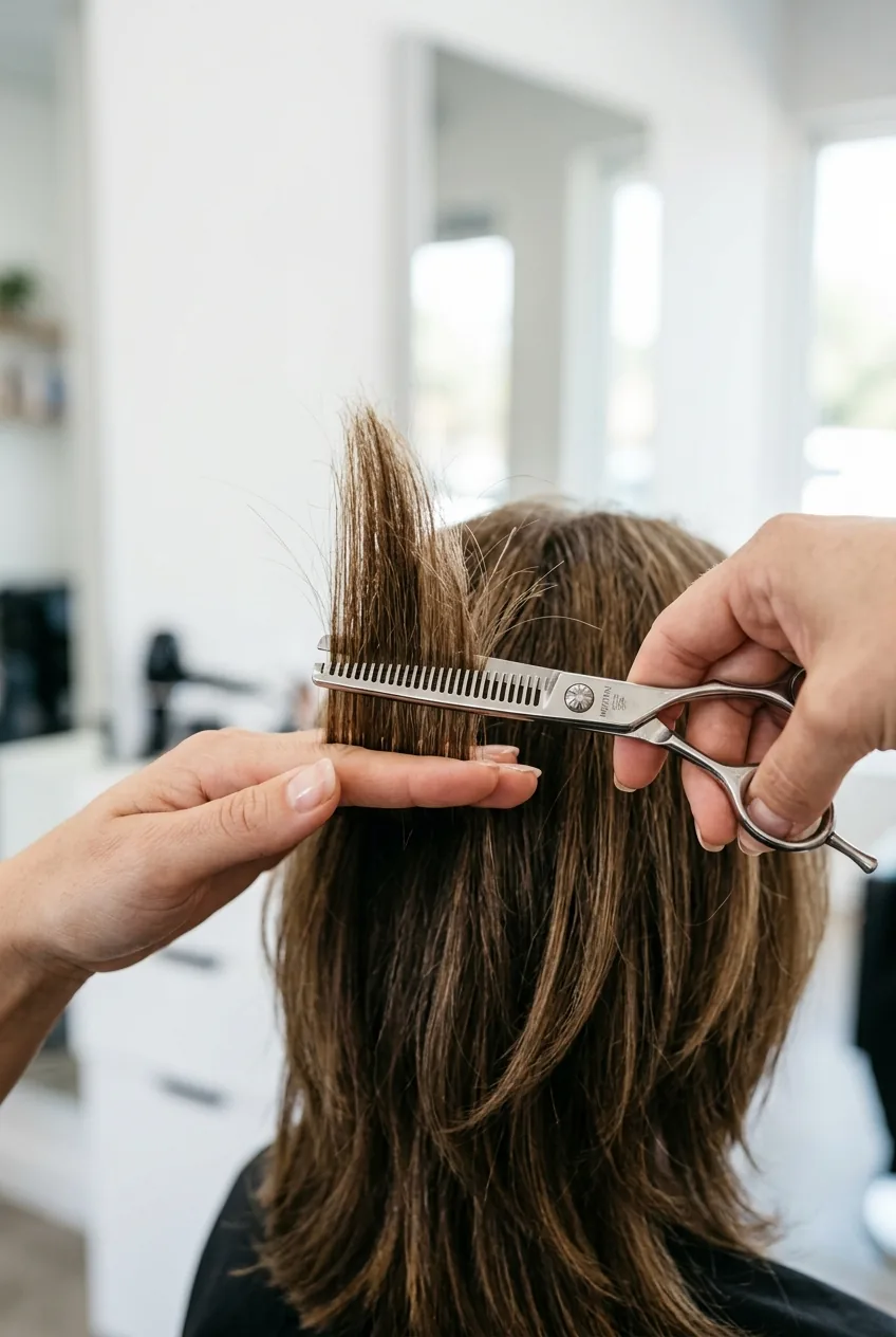 Thinning shears positioned perpendicular to hair removing bulk from mid-lengths