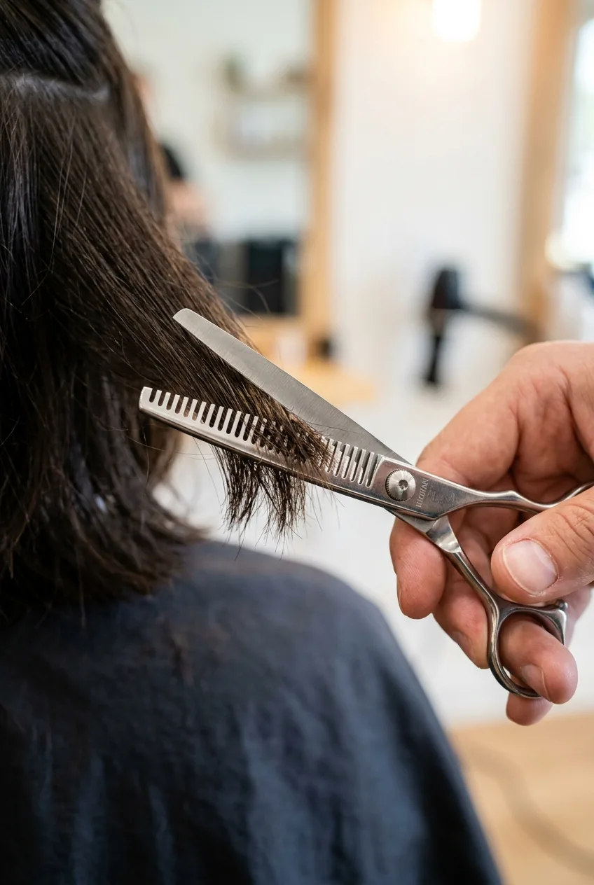 Thinning shears creating texture in hair ends with serrated blade visible removing bulk