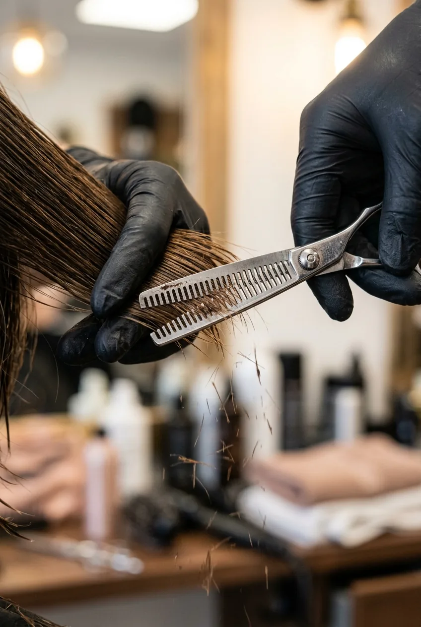 Extreme close-up of thinning shears creating texture on blonde layered hair ends with falling fragments