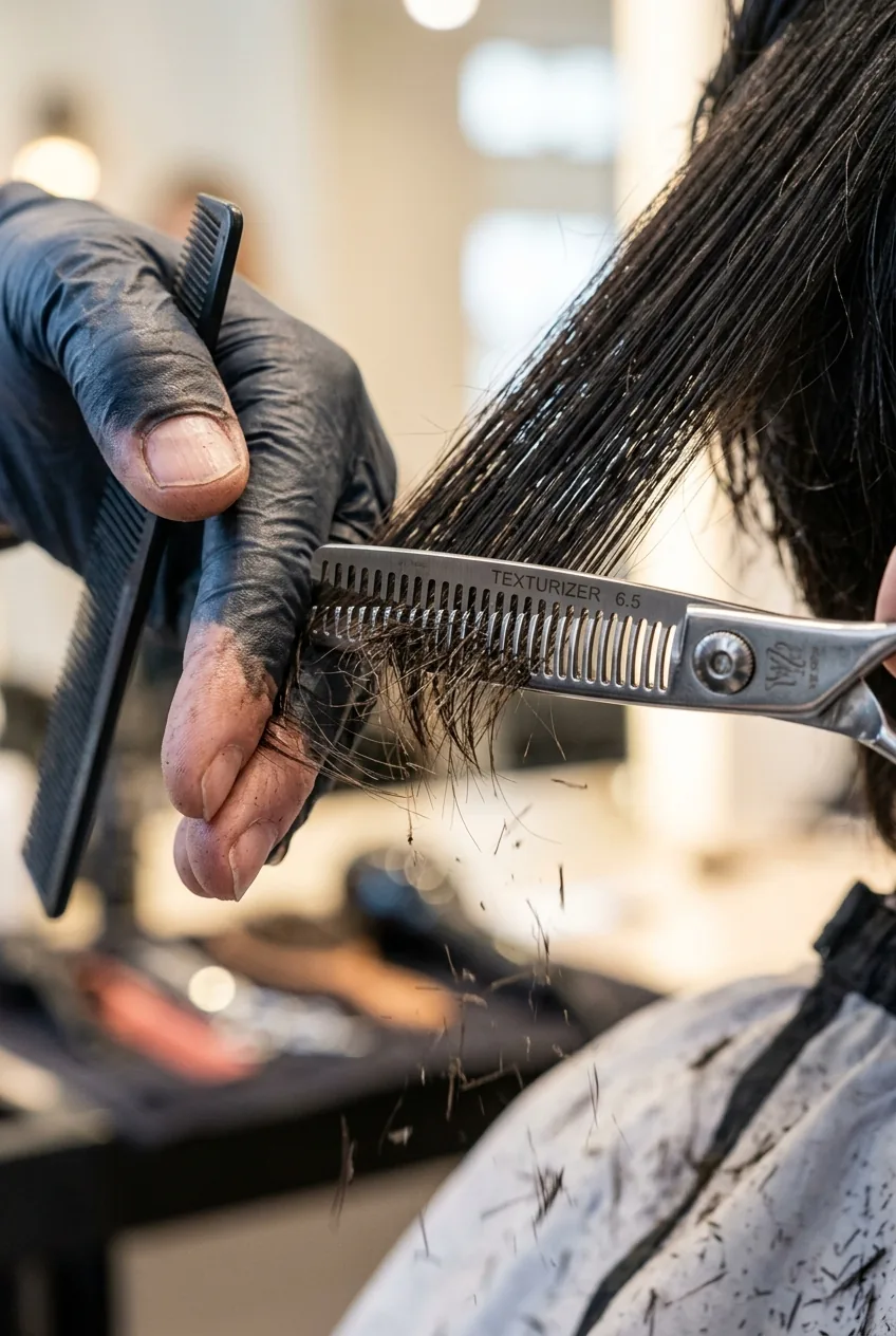 Extreme close-up of thinning shears texturizing hair ends with falling hair fragments and stylist's gloved hand