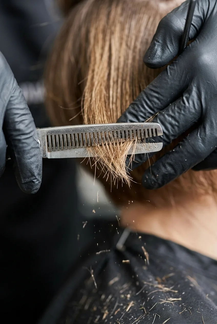 Close-up view of thinning shears texturizing layered hair ends with falling hair fragments