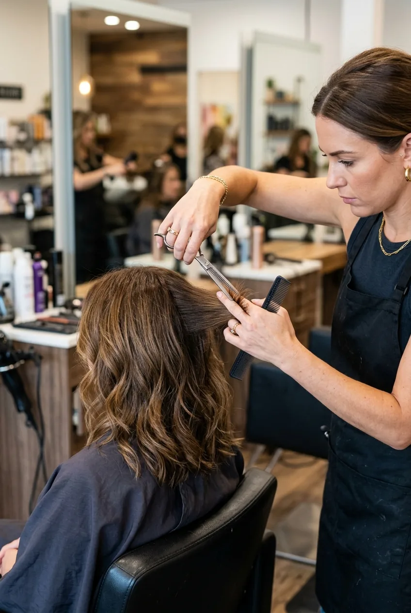 Stylist using thinning shears to texturize mid-length sections during Wendy cut refinement process