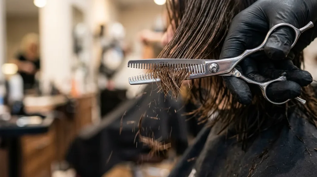 Extreme close-up of thinning shears cutting through layered hair with fragments falling and gloved hand visible