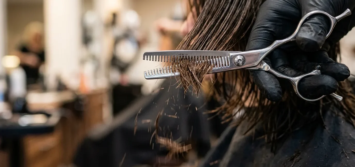 Extreme close-up of thinning shears cutting through layered hair with fragments falling and gloved hand visible