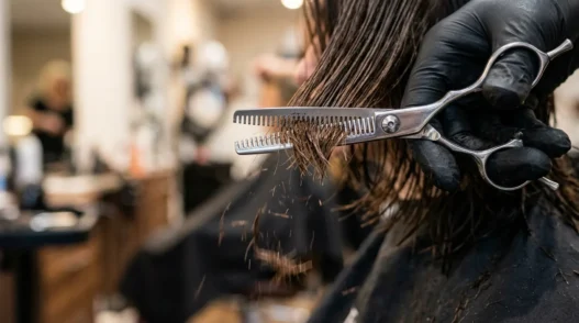 Extreme close-up of thinning shears cutting through layered hair with fragments falling and gloved hand visible