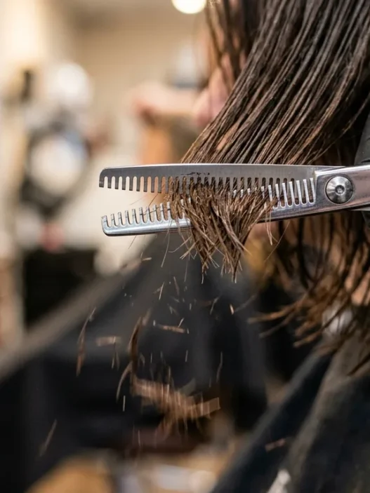 Extreme close-up of thinning shears cutting through layered hair with fragments falling and gloved hand visible