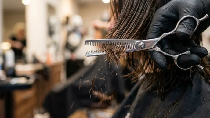Extreme close-up of thinning shears cutting through layered hair with fragments falling and gloved hand visible