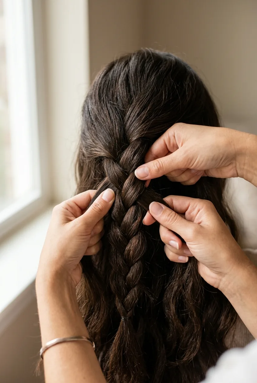 Close-up of hands creating three-strand braid on dark brown hair showing proper sectioning technique