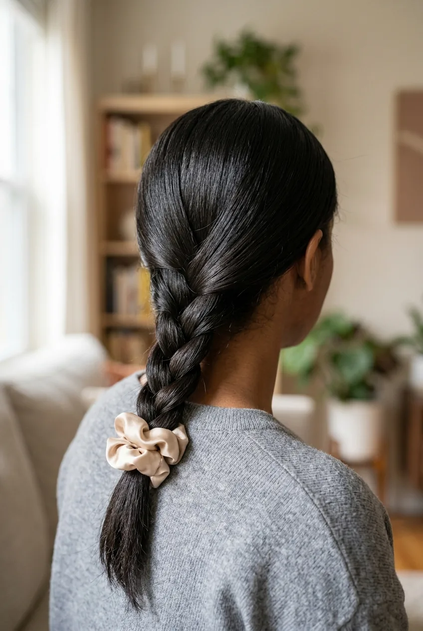 Elegant three-strand braid in sleek relaxed hair secured with silk scrunchie