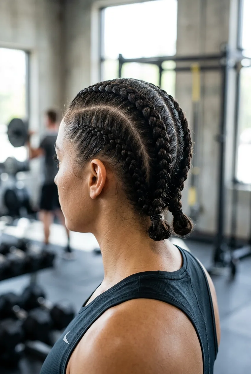 Athletic woman with tight boxer braids close to scalp in gym setting showing secure sporty style