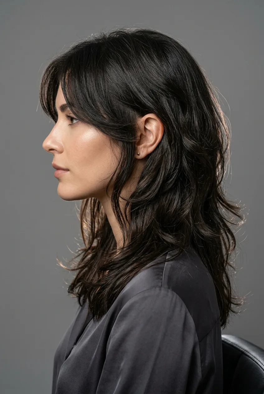 Woman with timeless shag haircut featuring seamlessly flowing layers