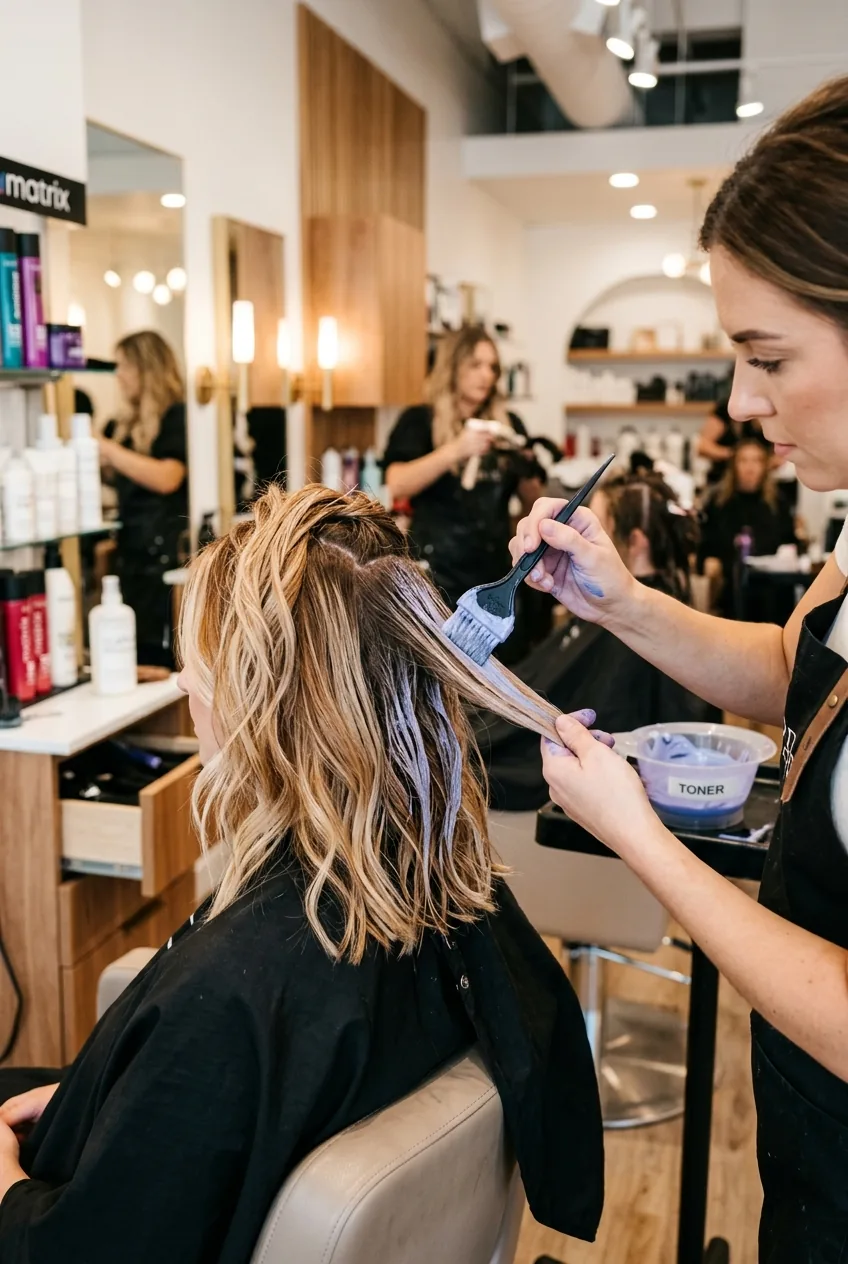 Toner being applied with brush to neutralize newly lightened balayage highlights