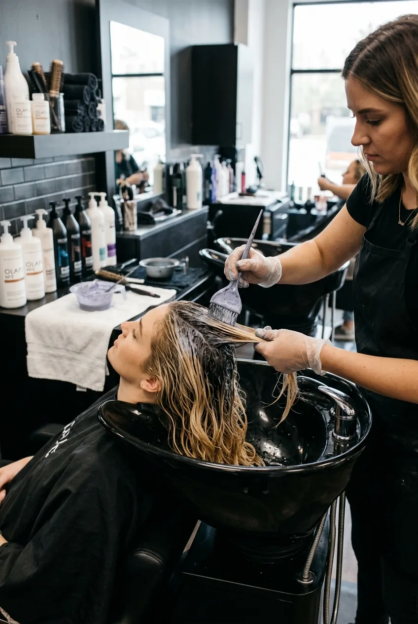 Stylist applying toner to lightened lob balayage transforming brassy tones to cool shades