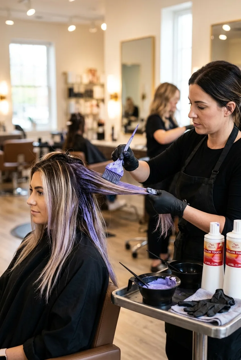 Colorist applying purple-based toner to lightened hair sections with wide brush in salon