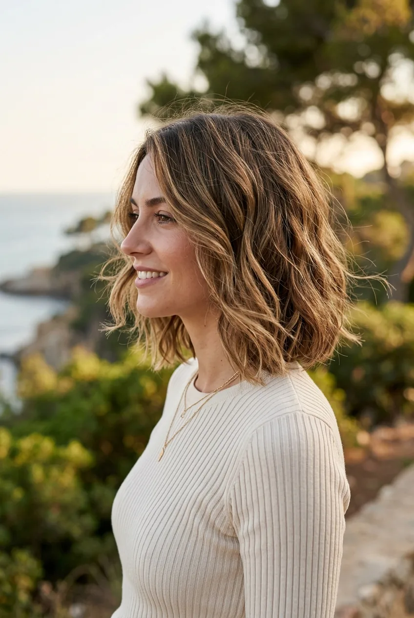 Tousled bob with subtle beachy waves showing casual yet polished texture