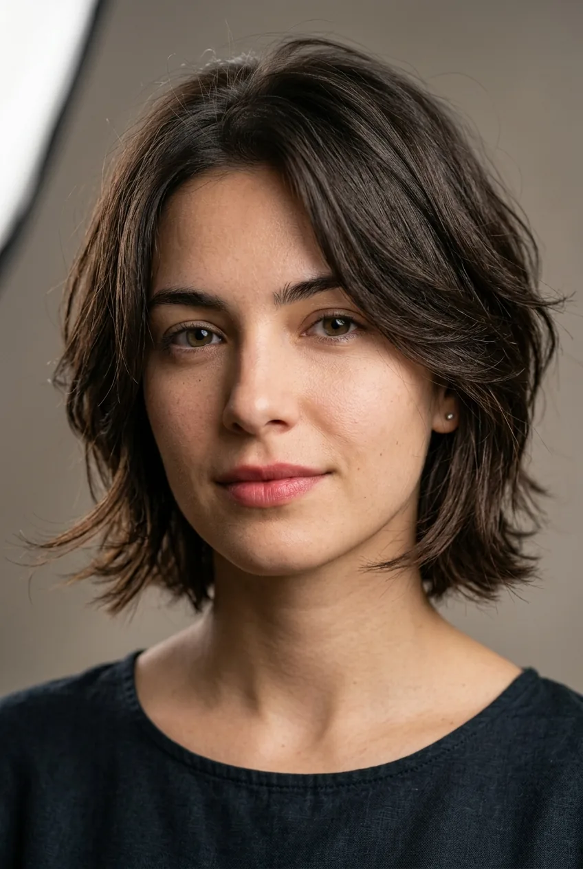 Woman with tousled boy cut showing effortless morning styling and natural hair texture