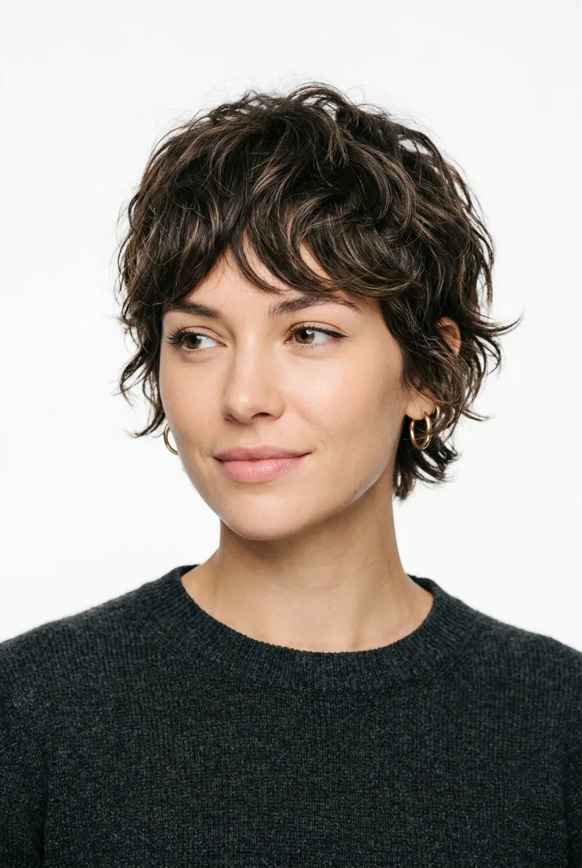 Woman with tousled crop haircut showing effortless textured styling and natural movement