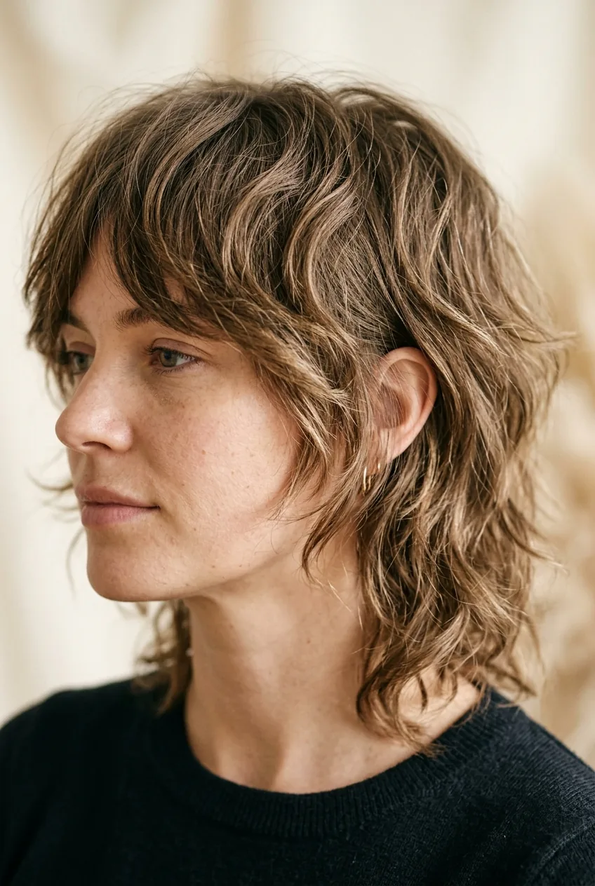 Tousled shag haircut showing effortless styling and natural texture in studio lighting