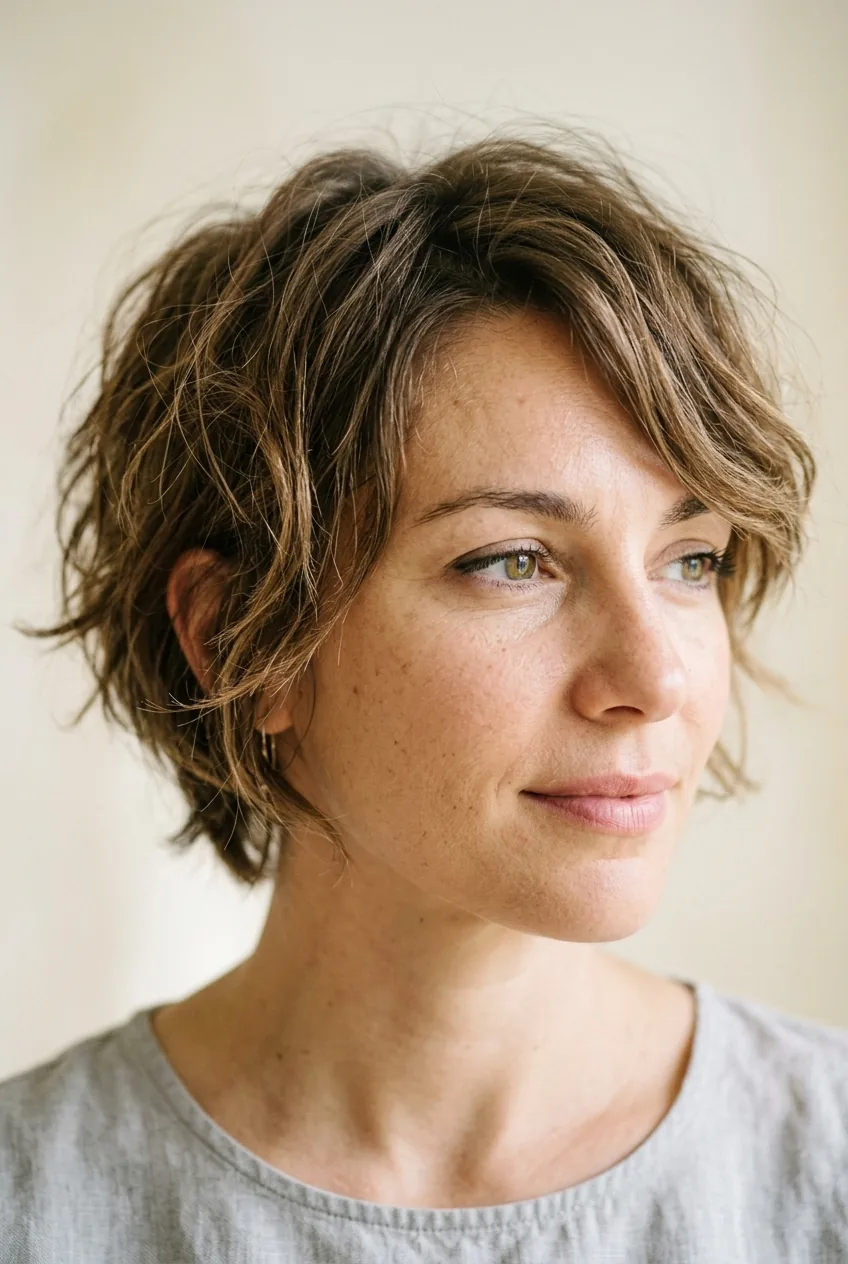 Effortlessly styled short layers with natural tousled texture in soft morning light