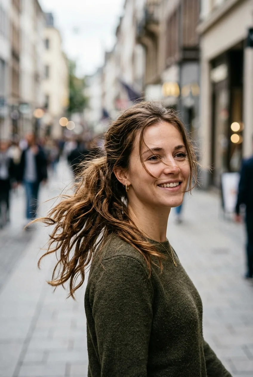 Woman with tousled side ponytail draped elegantly over one shoulder