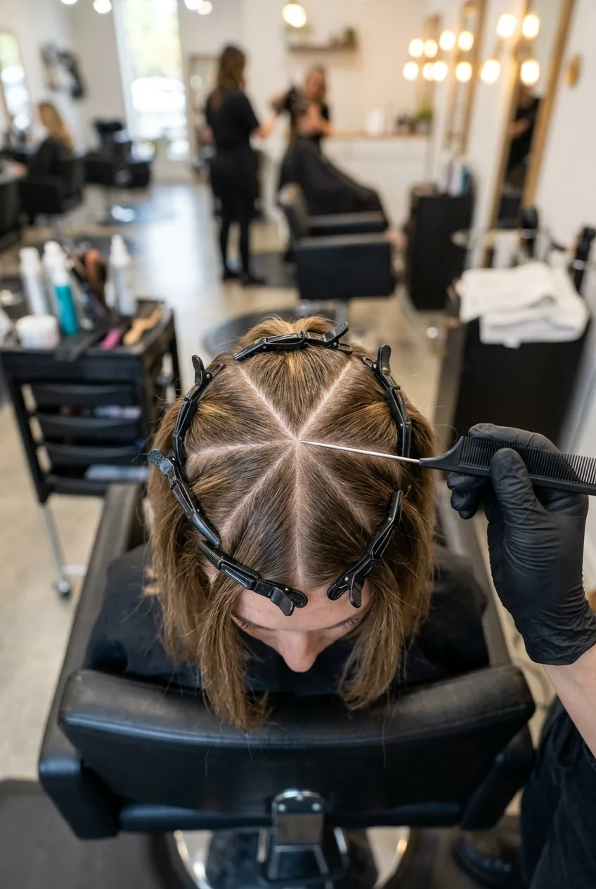 Overhead view of head divided into triangular sections with clips showing professional cutting pattern
