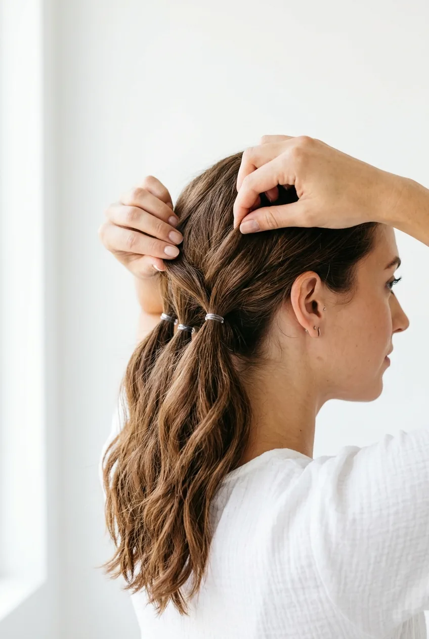 Side view of hands gently pulling hair above elastics to create volume in three sections