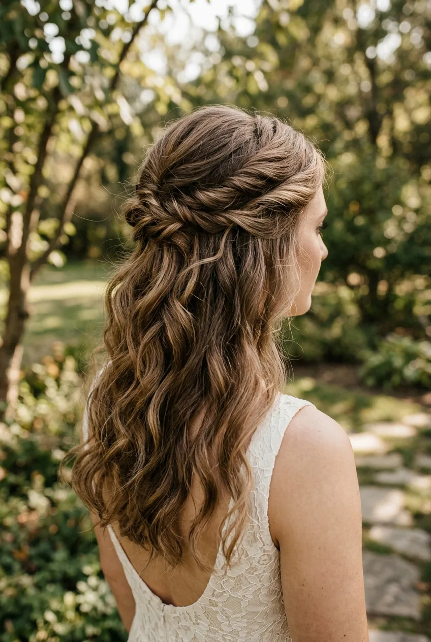 Relaxed twisted back wedding hairstyle with loose beachy waves and textured gathering point