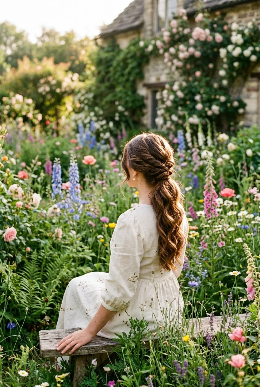 Woman with twisted back ponytail showing detailed braided sections in natural flower garden