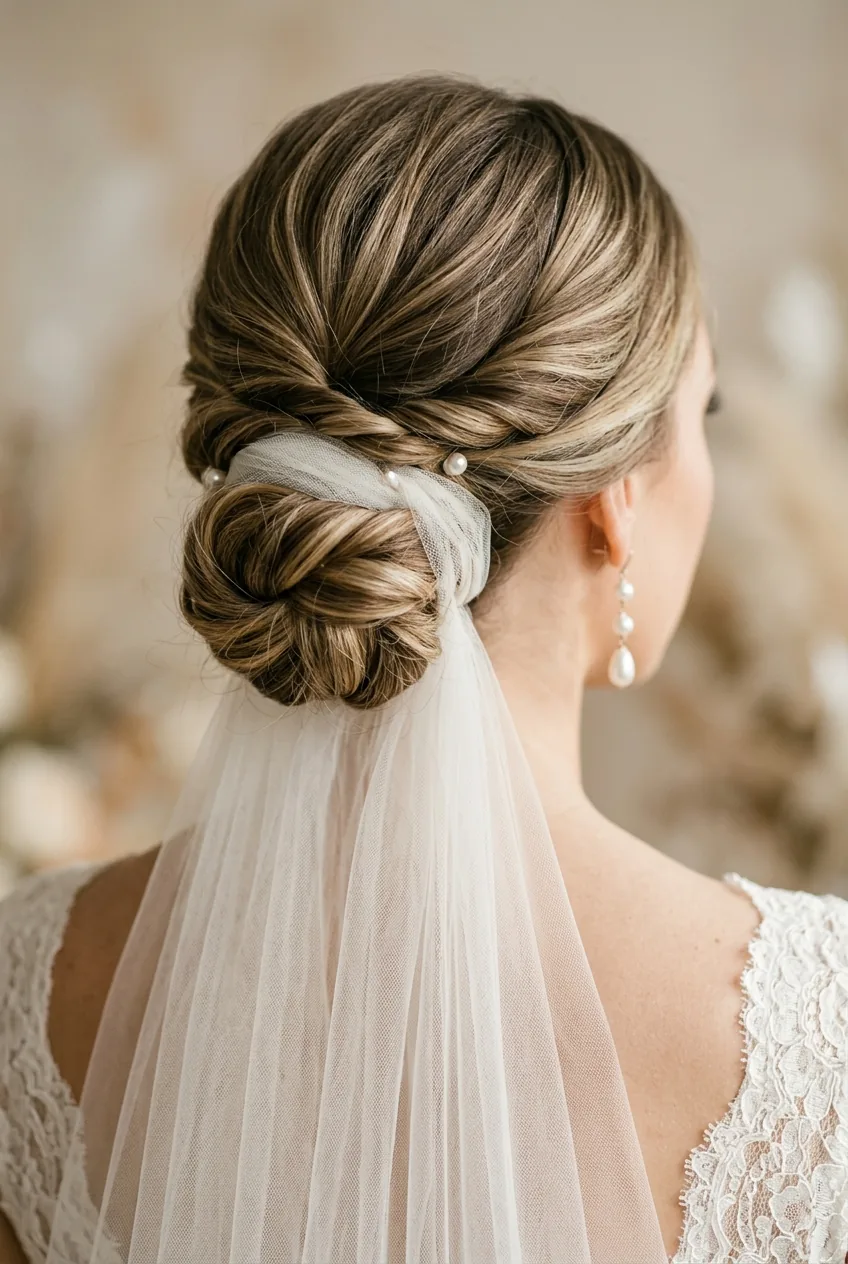 Close-up of twisted chignon with cathedral veil woven through hair sections and pearl drop earrings