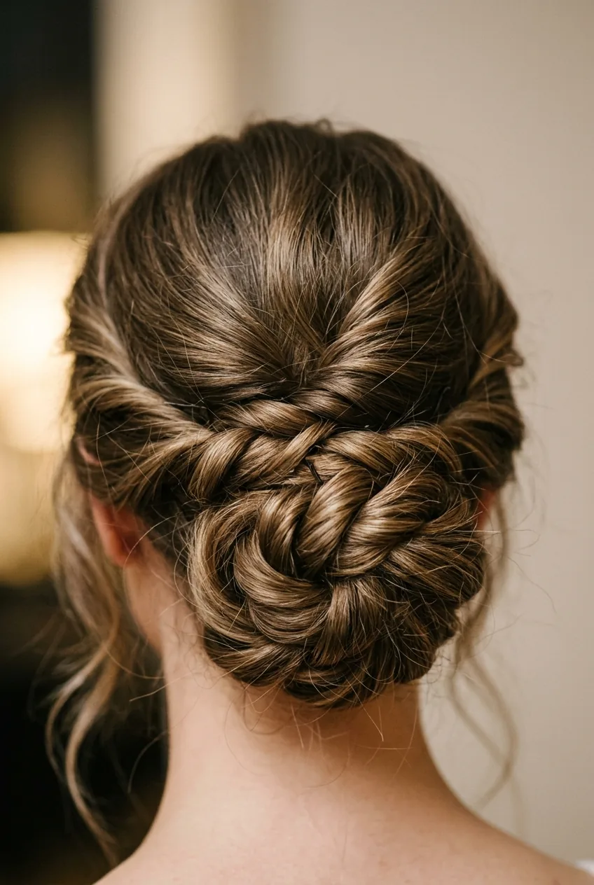 Twisted chignon showing multiple twisted sections pinned into elegant low bun