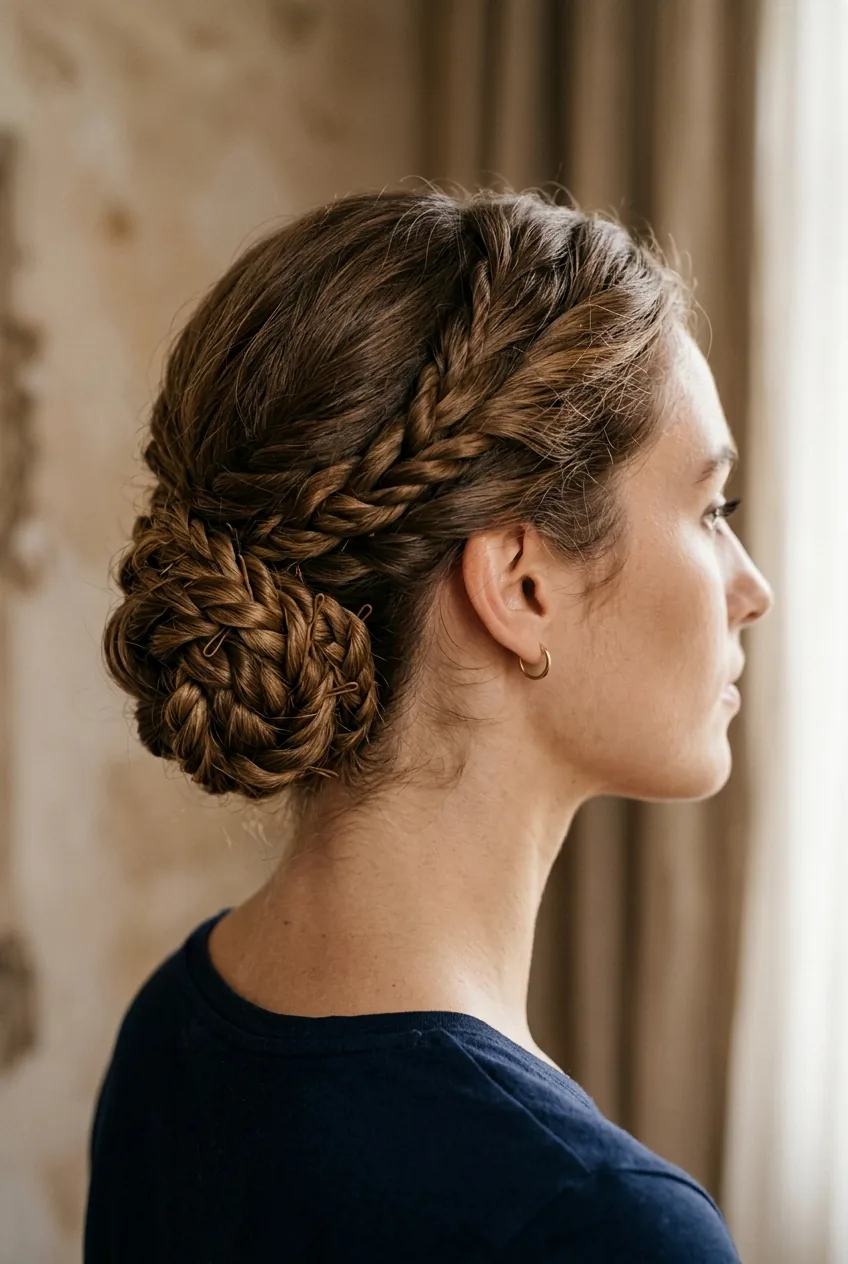 Twisted chignon from side angle showing rope twists intricately woven together at neck