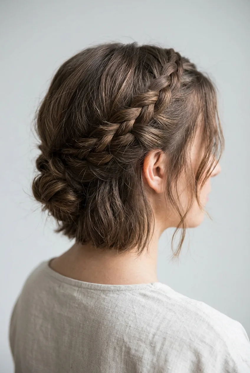 Twisted crown braid across woman's forehead area with loose face-framing pieces and natural texture