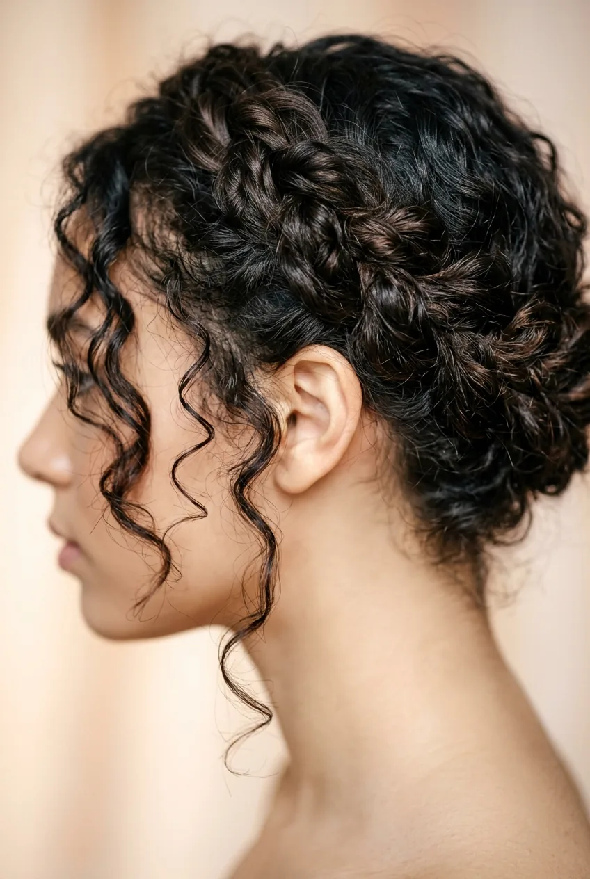 Twisted crown updo with loose curly tendrils around temples and preserved natural texture