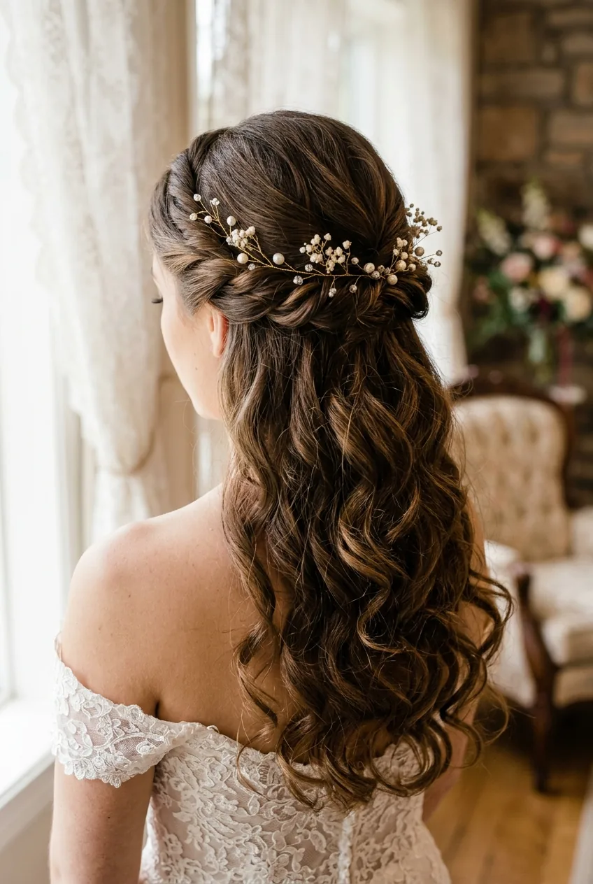 Twisted crown half-up style showing two twisted sections meeting at back with loose curls flowing below