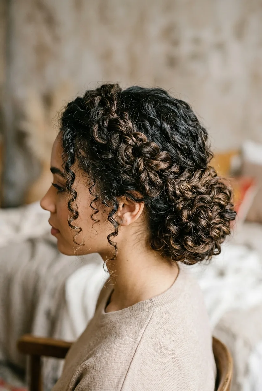 Three-quarter view of twisted crown updo with intricate sections wrapped around low bun