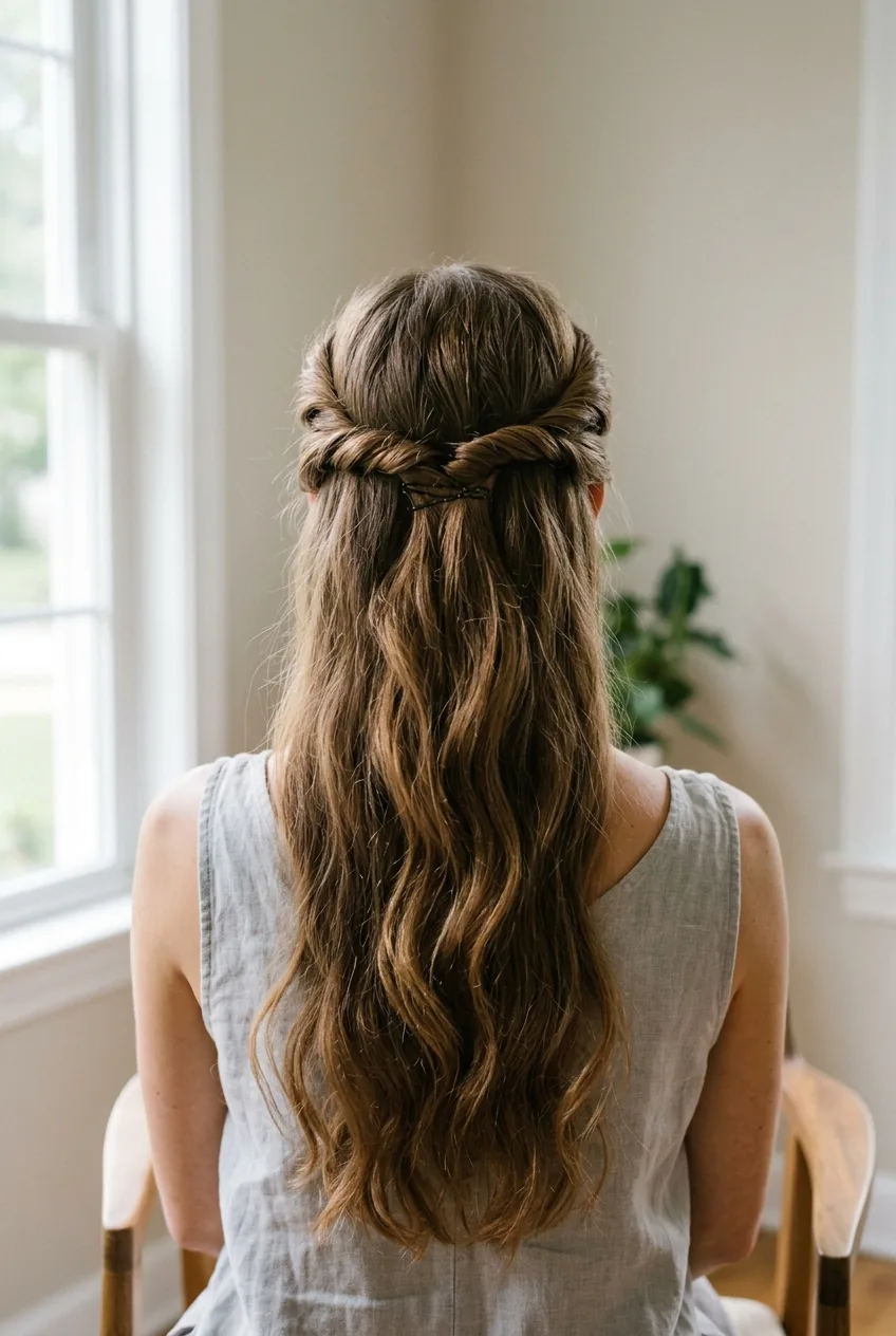 Back view of twisted half-up hairstyle showing temple sections secured at crown with long hair down