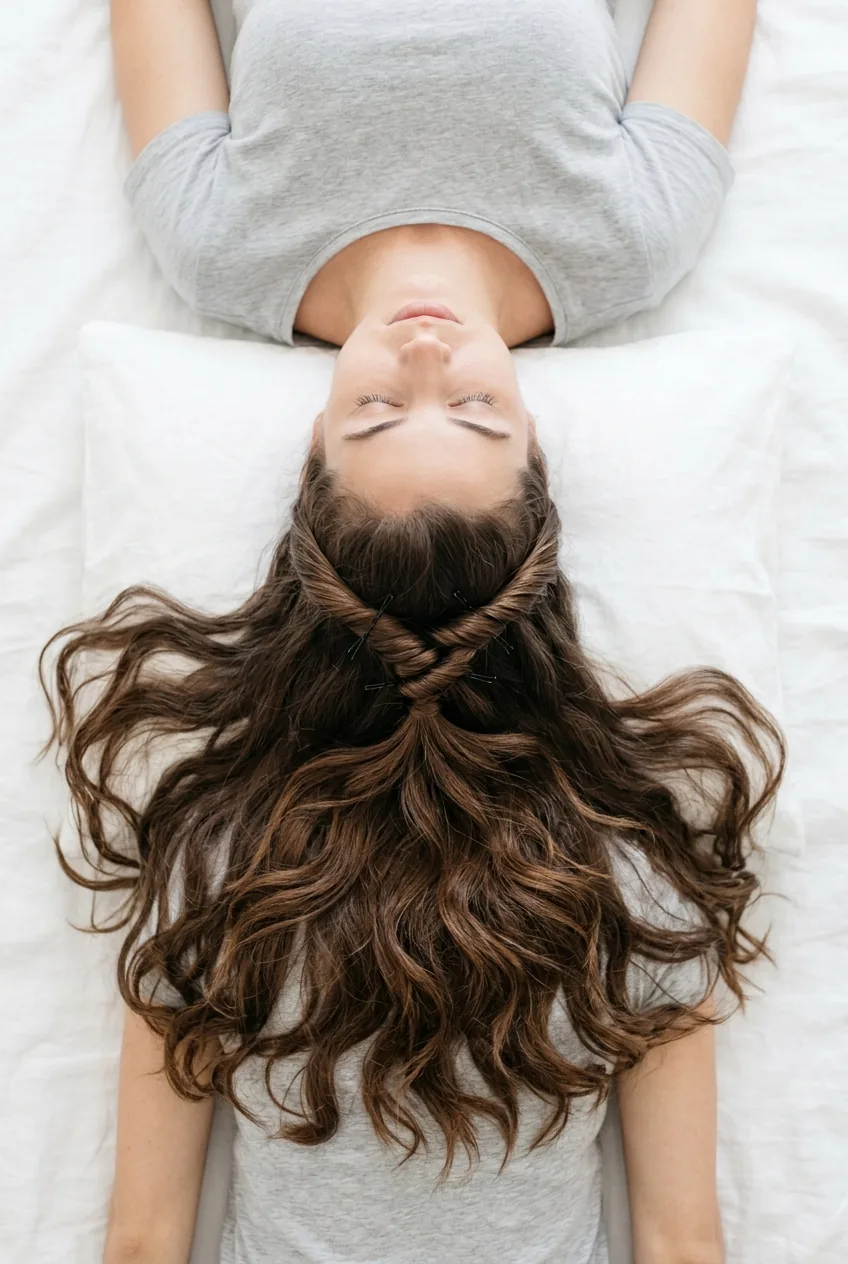 Half-up twisted hairstyle with visible bobby pin placement and textured finish