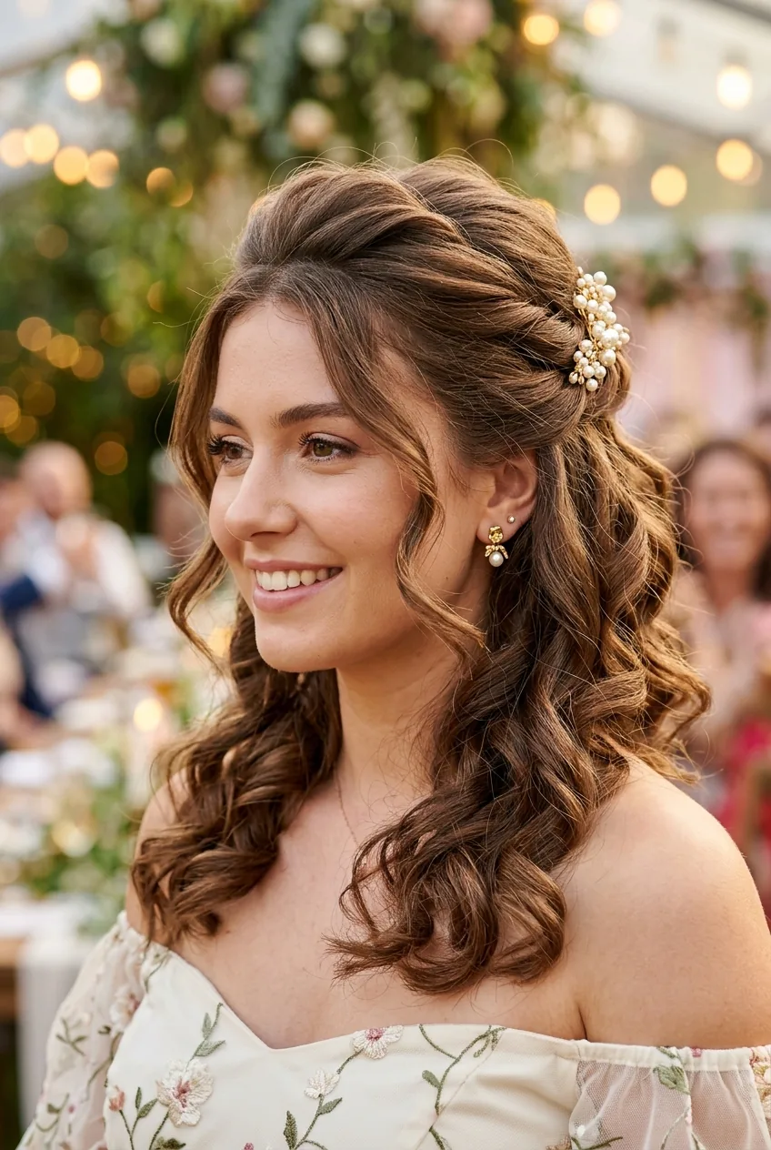 Twisted half-updo with curled ends on medium-length hair showing romantic height and texture