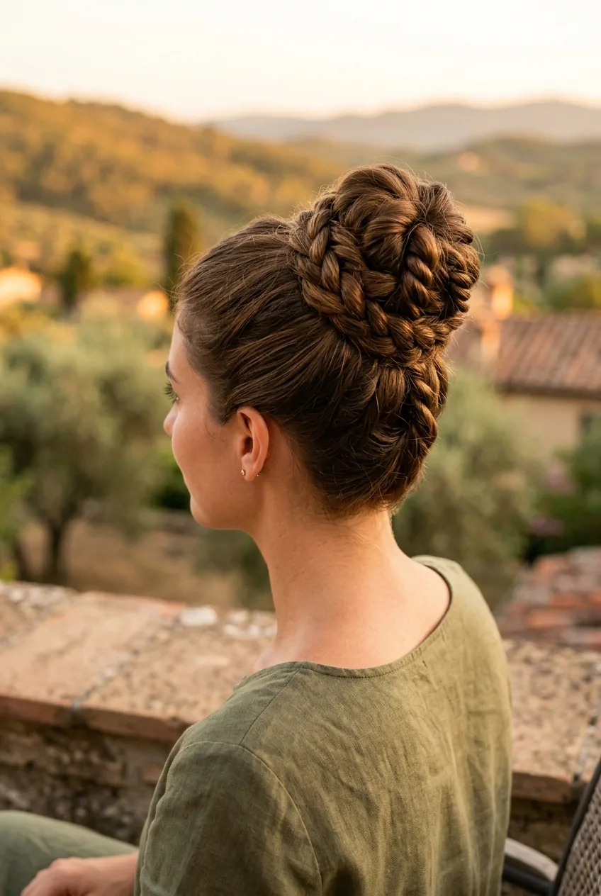 Twisted high bun displaying spiral texture around the base in three-quarter back view