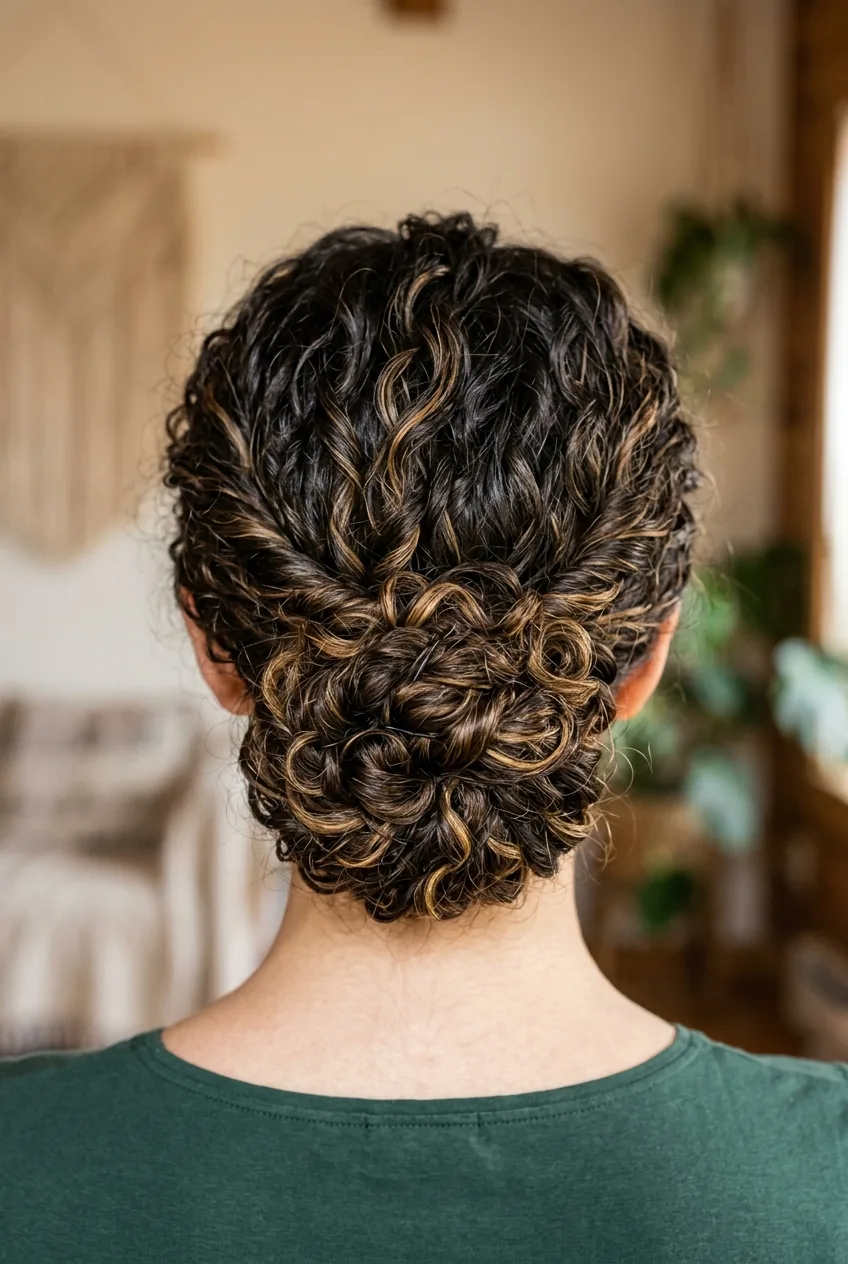 Twisted low bun for curly hair showing coiled sections and natural curl texture