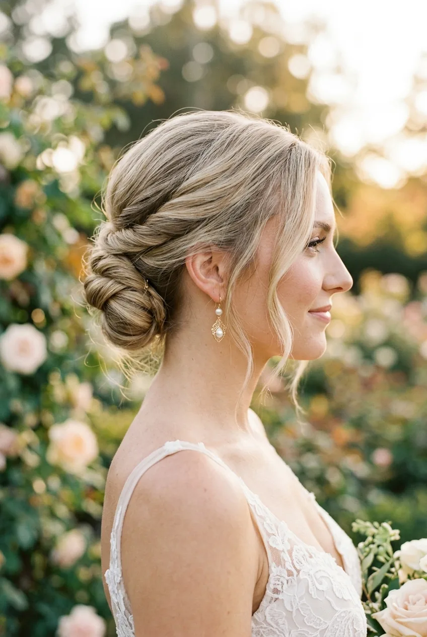 Simple twisted low bun wedding hairstyle in side profile with face-framing pieces