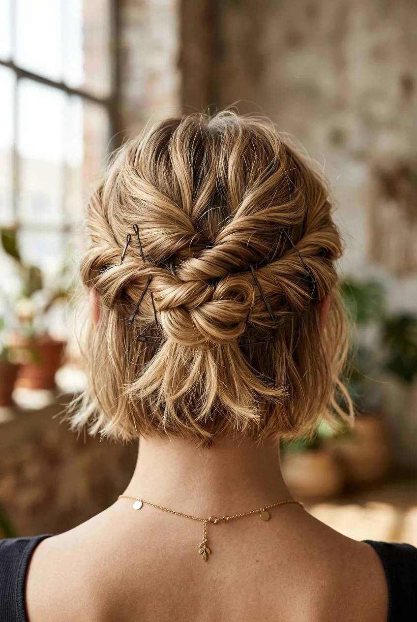 Back view of twisted mini updo on short hair with strategically placed bobby pins
