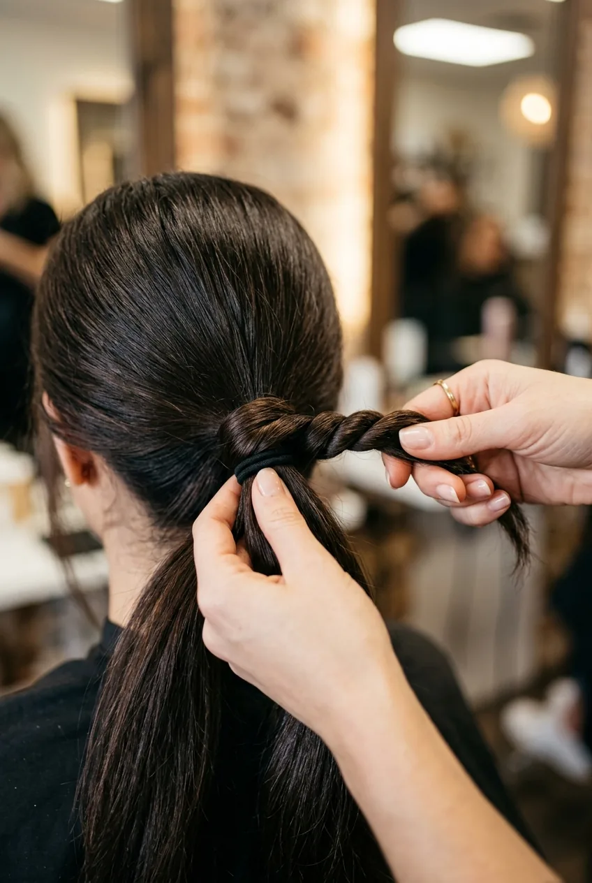 Twisted hair section being wrapped around base ponytail elastic demonstrating professional wrapping technique