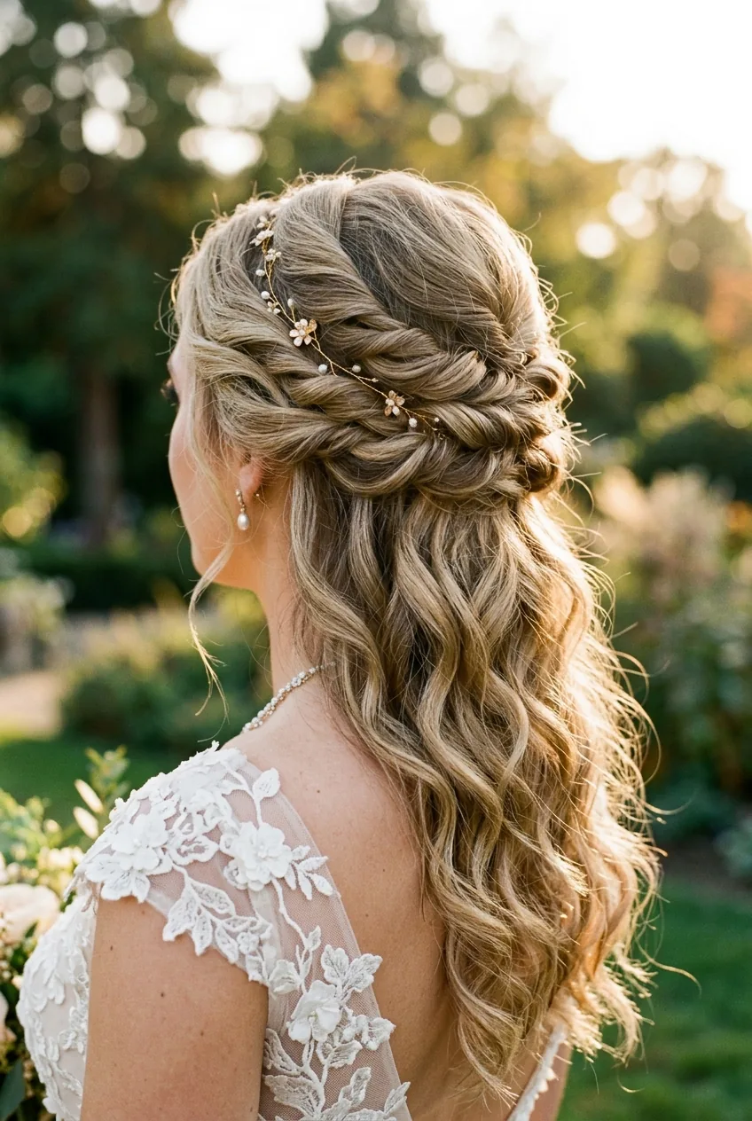 Detailed view of twisted side sections with golden lighting highlighting hair texture
