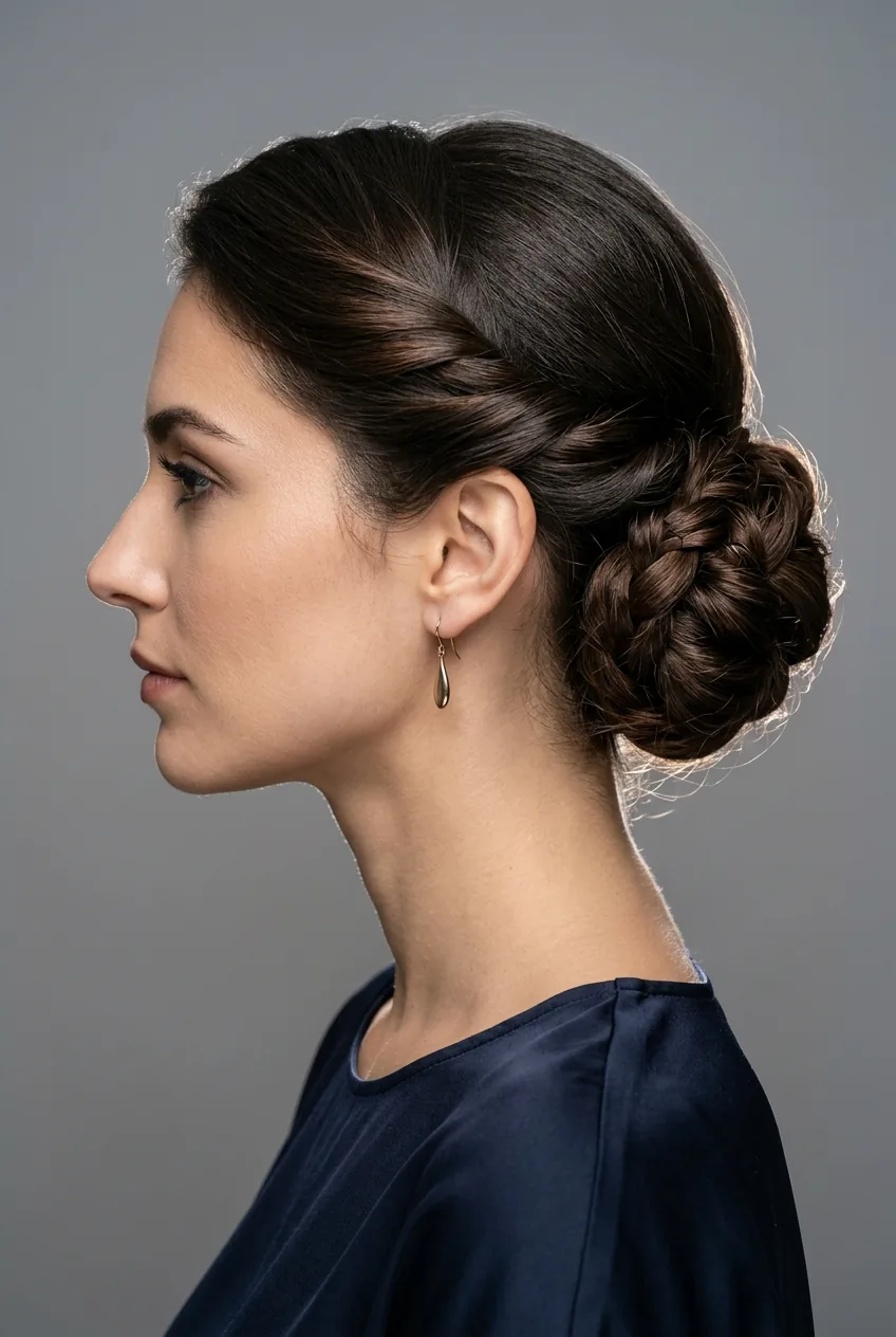 Woman with twisted side bun showing twisted section incorporated into low side bun