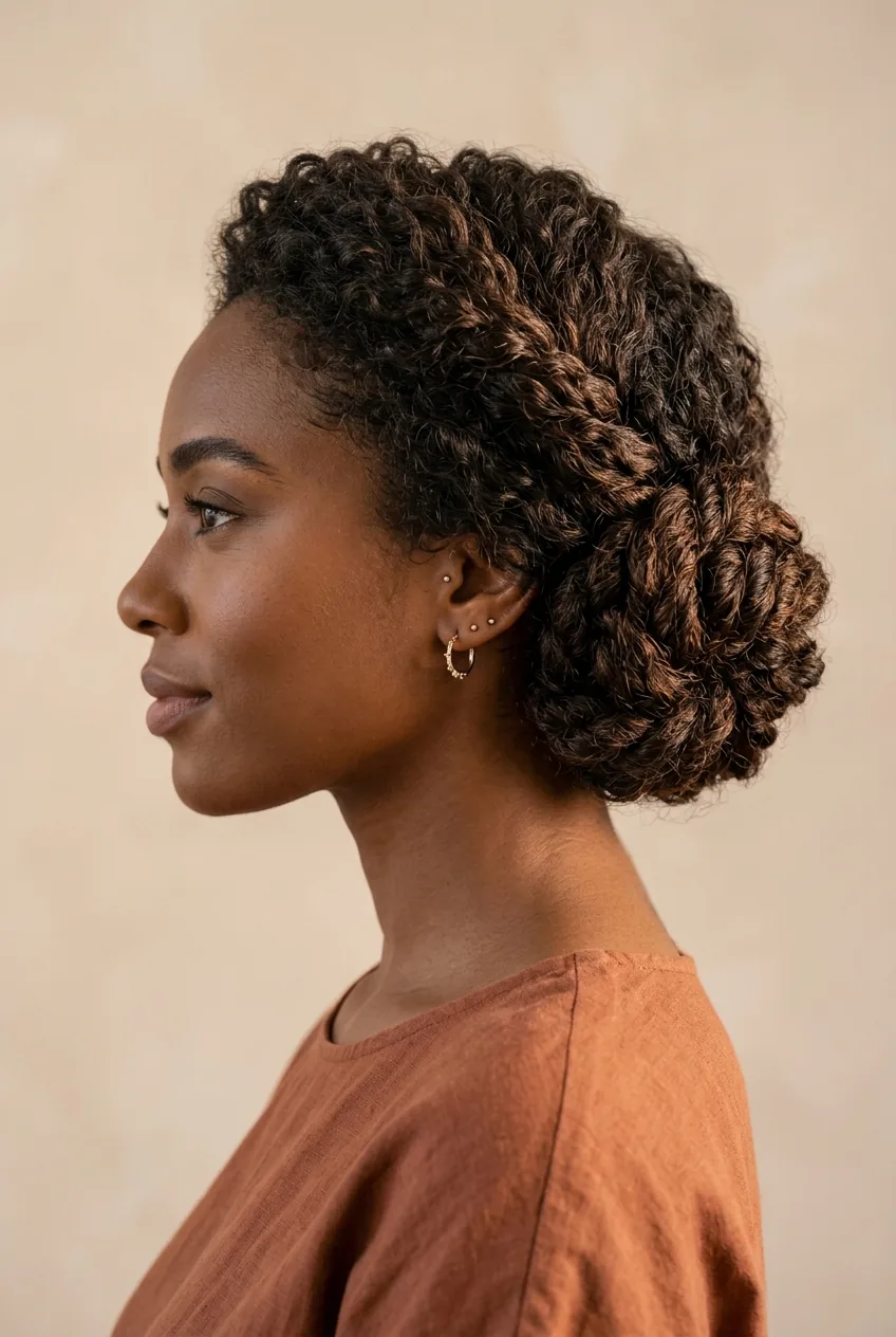 Profile shot of twisted side bun showcasing natural curly hair texture