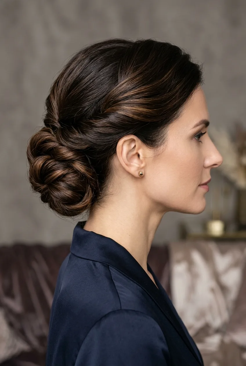 Side angle of twisted chignon with asymmetrical placement at nape of neck