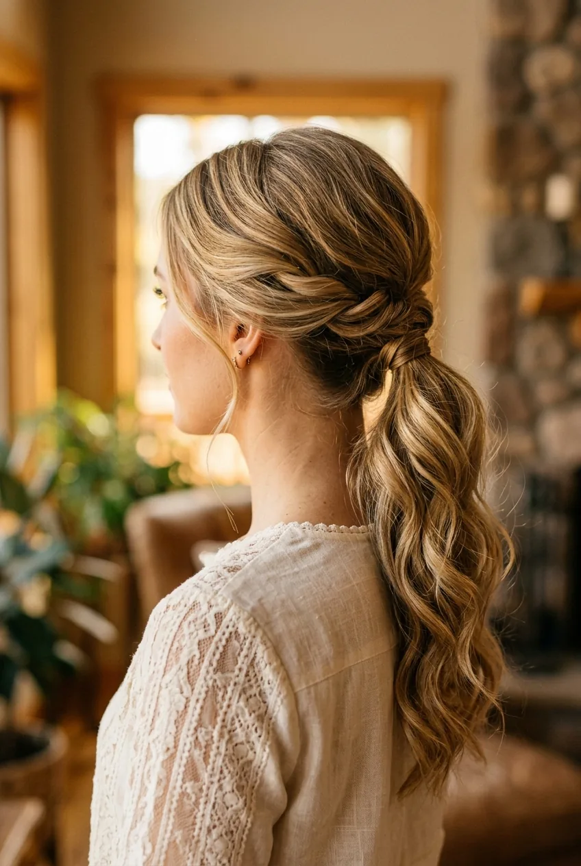 Side twisted ponytail incorporating loose romantic twist into the base styling