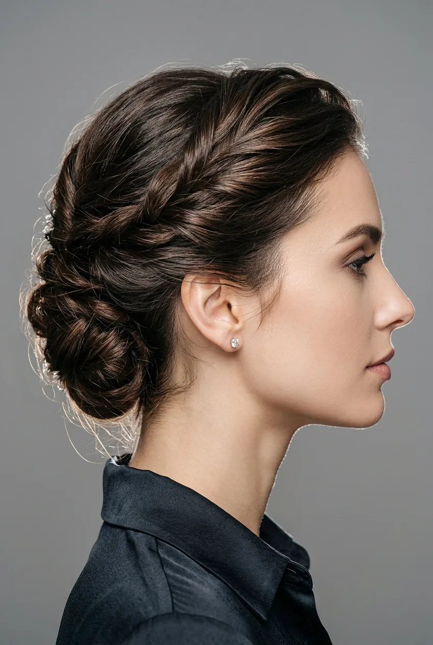 Woman showing twisted side updo with asymmetrical styling pinned behind one ear