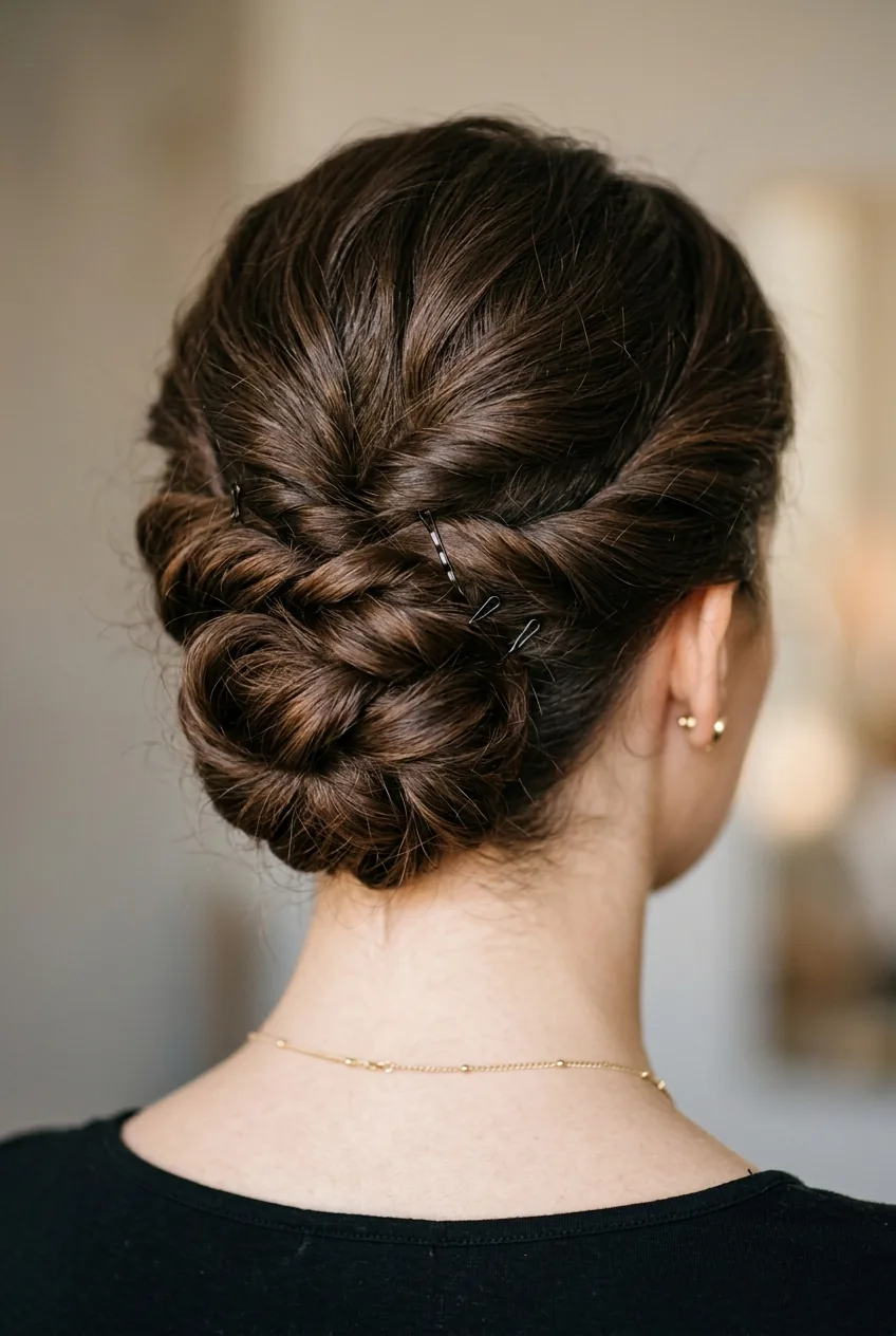 Close-up view of formal updo showing bobby pin placement and twisted hair sections at nape of neck